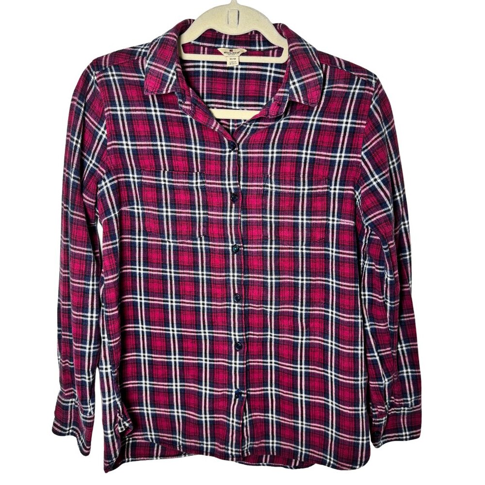 Woolrich Women’s Plaid 100% Cotton Lightweight Button Up Shirt Medium Red Navy